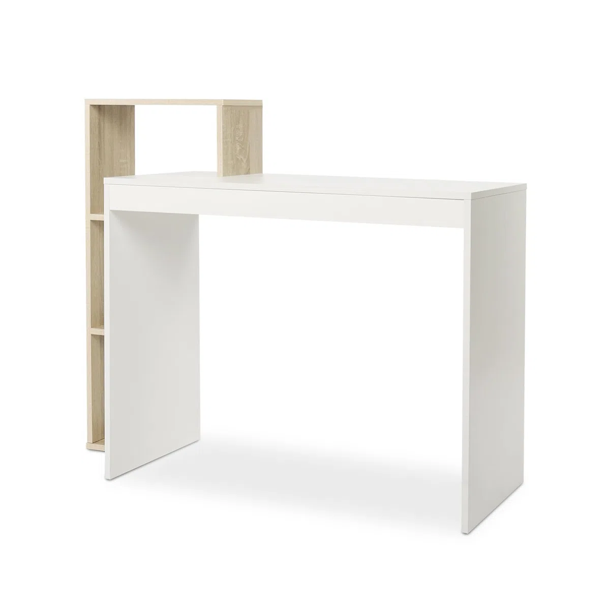 Mondeer Escritorio, Mesa de Ordenador con Estante de Almacenamiento de 3 Niveles, Ahorro de Espacio, para Oficina Estudio Estación de Trabajo, 110 x 40 x 92 cm, Blanco y Roble