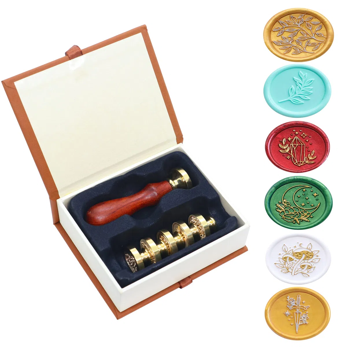 SWANGSA Juego de sellos de cera, 6 piezas vintage con patrón de plantas de flores y cabezas de sello de cera + 1 juego de sellos de sellado de mango de madera (conjunto botánico)