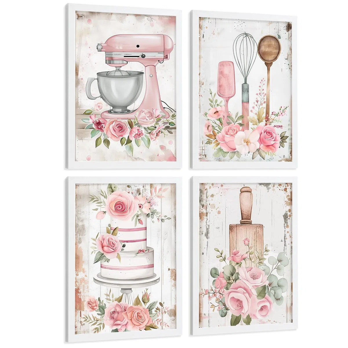Nacnic Set De 4 Láminas Repostería Rosa Shabby Chic Cuadros Cocina Utensilios Tarta Y Flores Romántico Póster Decoración Pared A3 Marco Blanco