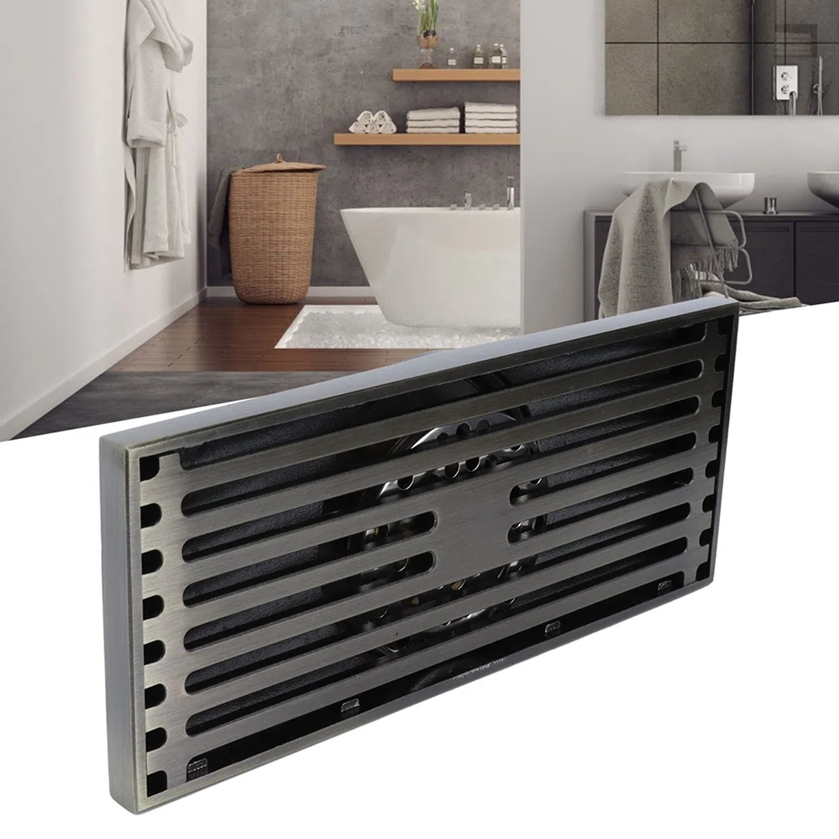 Cyrank Desagüe De Ducha Lineal, Desagüe De Piso De Latón con Rejilla Extraíble Desagüe De Piso De Ducha Rectángulo Desagüe Lineal Oculto con Colador De Cabello para Baño Inodoro Balcón 20x8cm