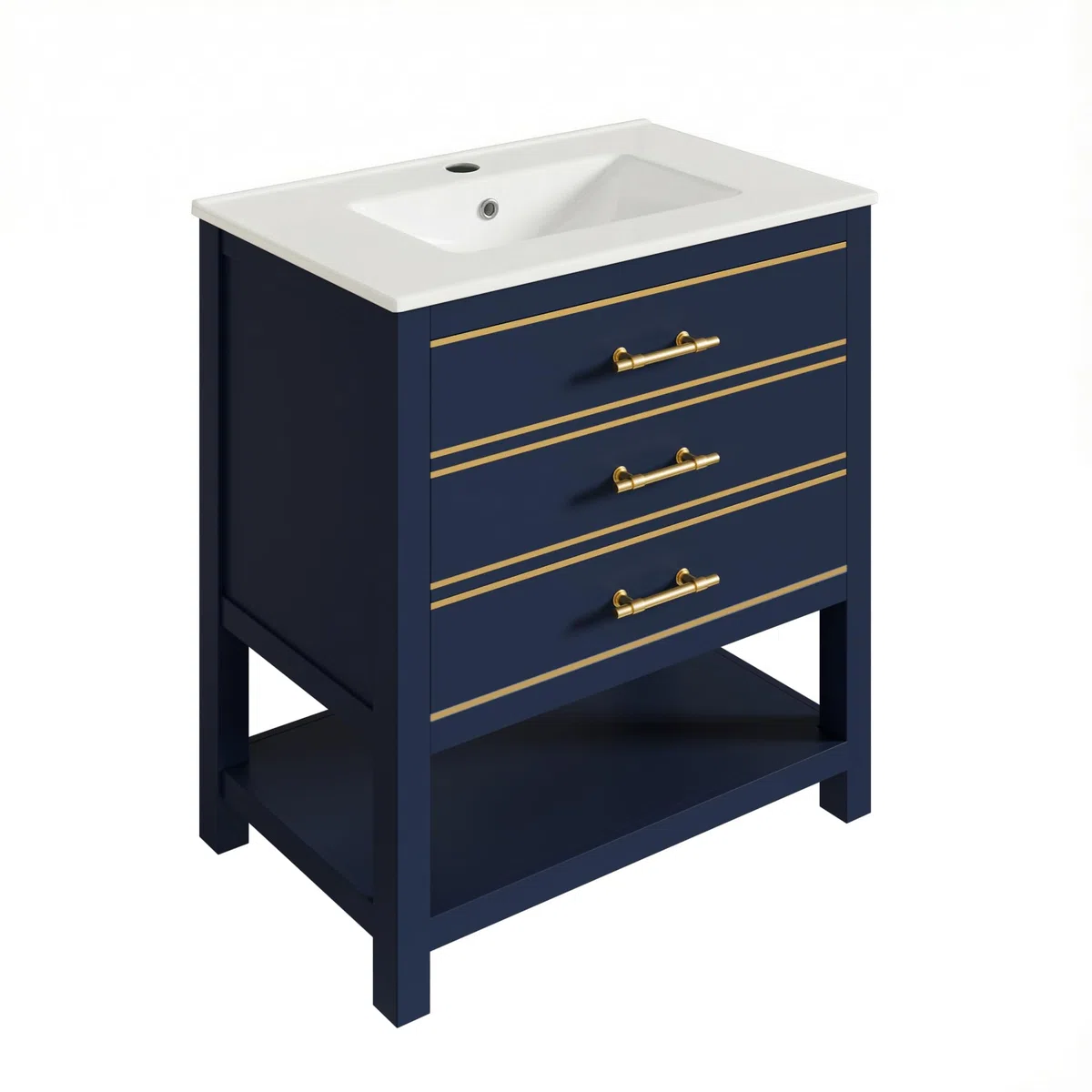 Lexiou Mueble de baño con lavabo de cerámica, mueble de baño independiente con 2 cajones y compartimento abierto, asas doradas, sin grifo ni desagüe (negro y azul)