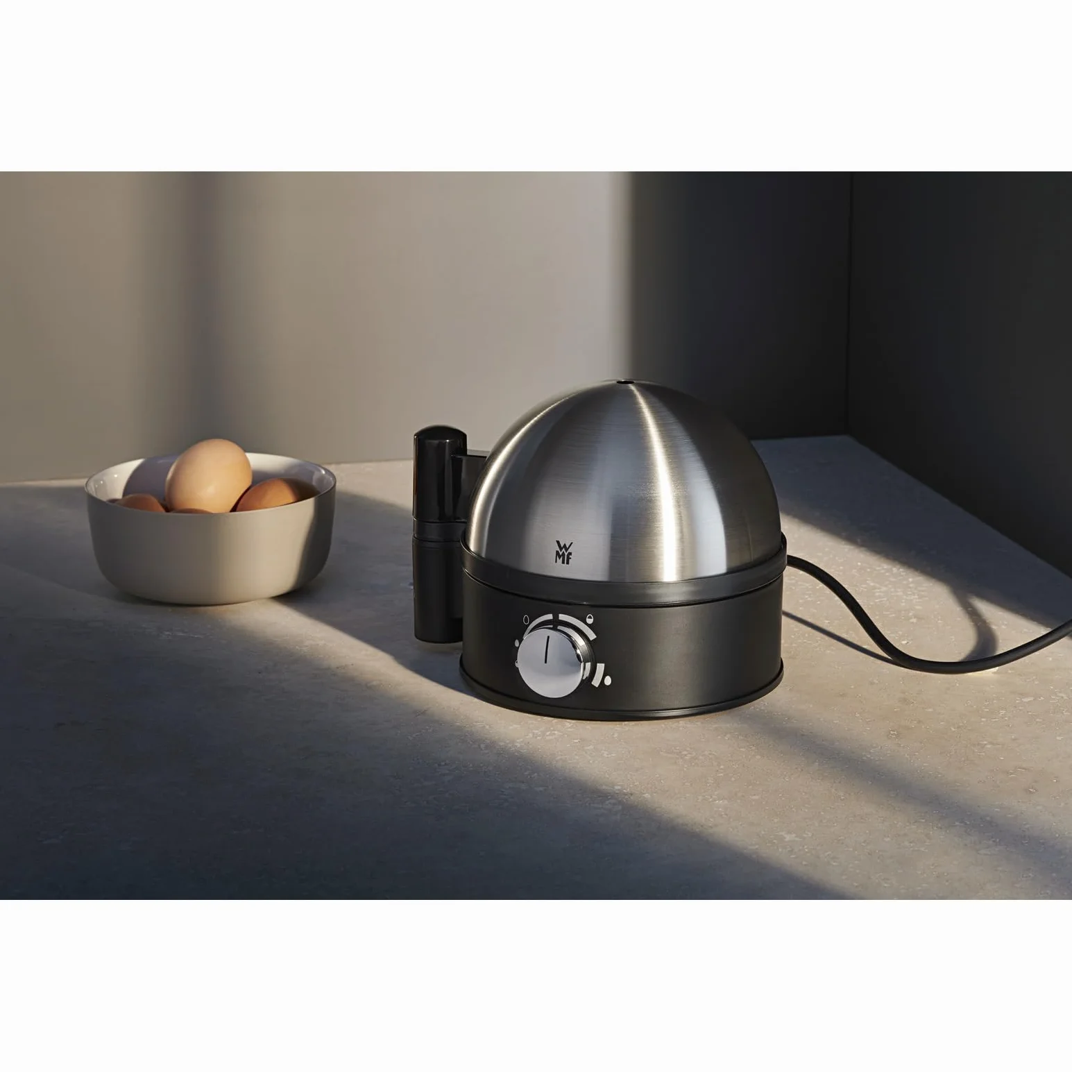 WMF Stelio - Cocedor de 7 Huevos de 380 W, Hervidor con señal acústica para detener cocción graduable, acabados de acero inoxidable de Cromargan mate, libre de BPA