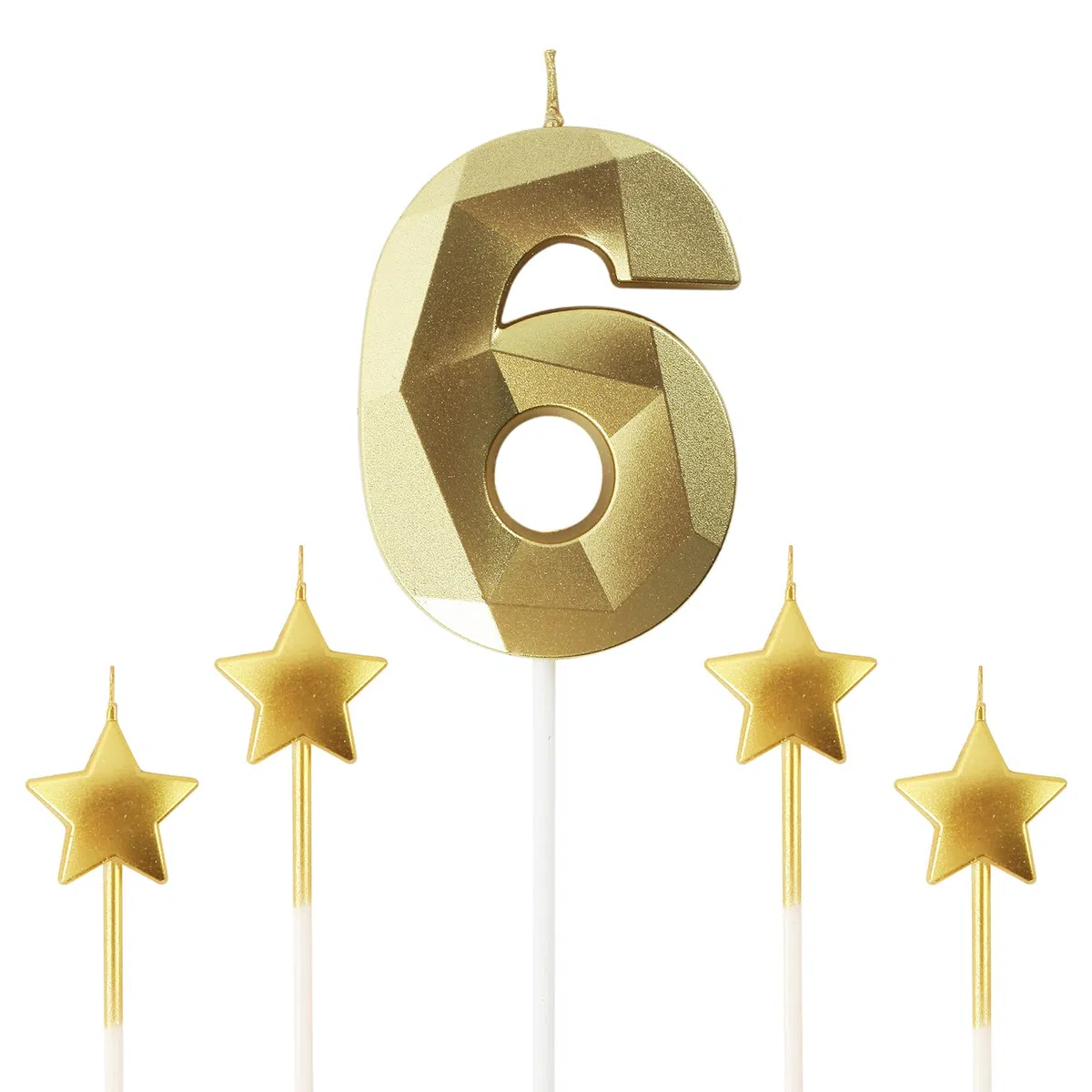 Velas doradas de cumpleaños con número 6 y velas de cumpleaños de estrella de 2.75 pulgadas, velas de pastel de cumpleaños 3D con forma de diamante son adecuadas para fiestas de cumpleaños y