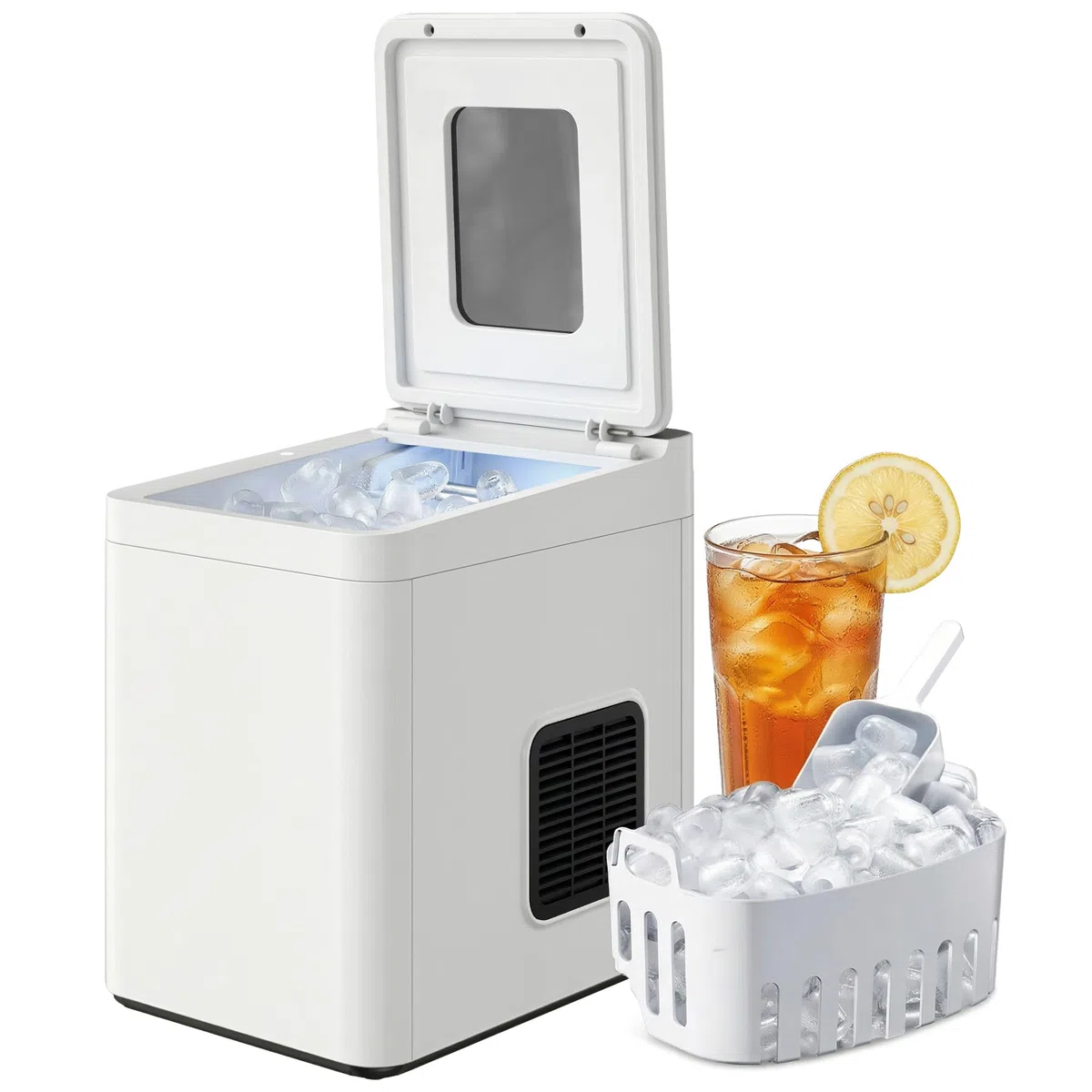 HOMCOM Máquina de cubitos de hielo pequeña, 12 kg, 24 horas, 9 cubitos de hielo en 7 – 10 minutos, 2 tamaños de cubos de hielo Bullet, máquina de hielo autolimpiable, con pala y cesta, para cocina