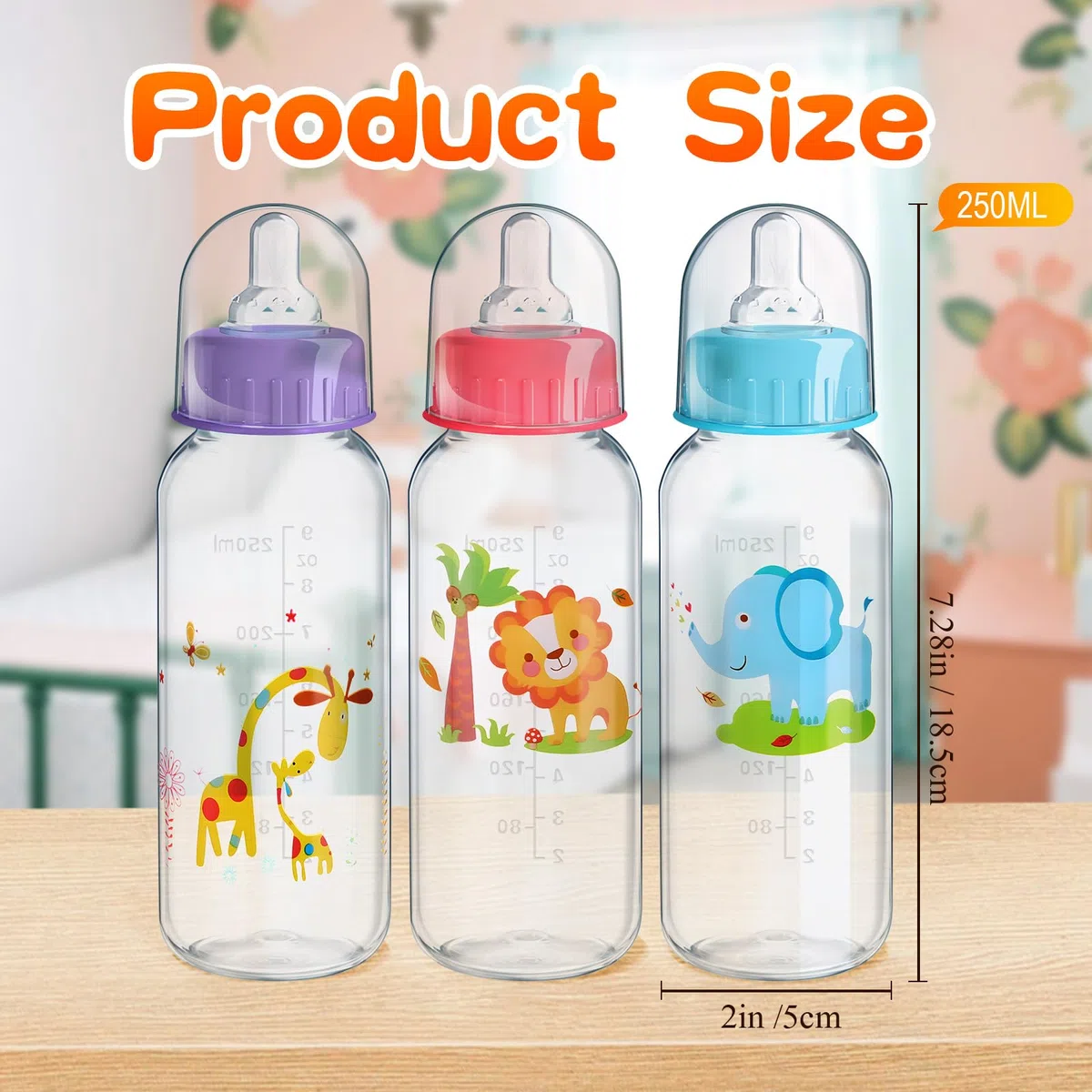 Norme 24 botellas de plástico de 9.5 onzas para baby shower, juegos, fiestas, botellas de leche para niños, decoraciones de cumpleaños, regalos, elefante, león, jirafa (recto)