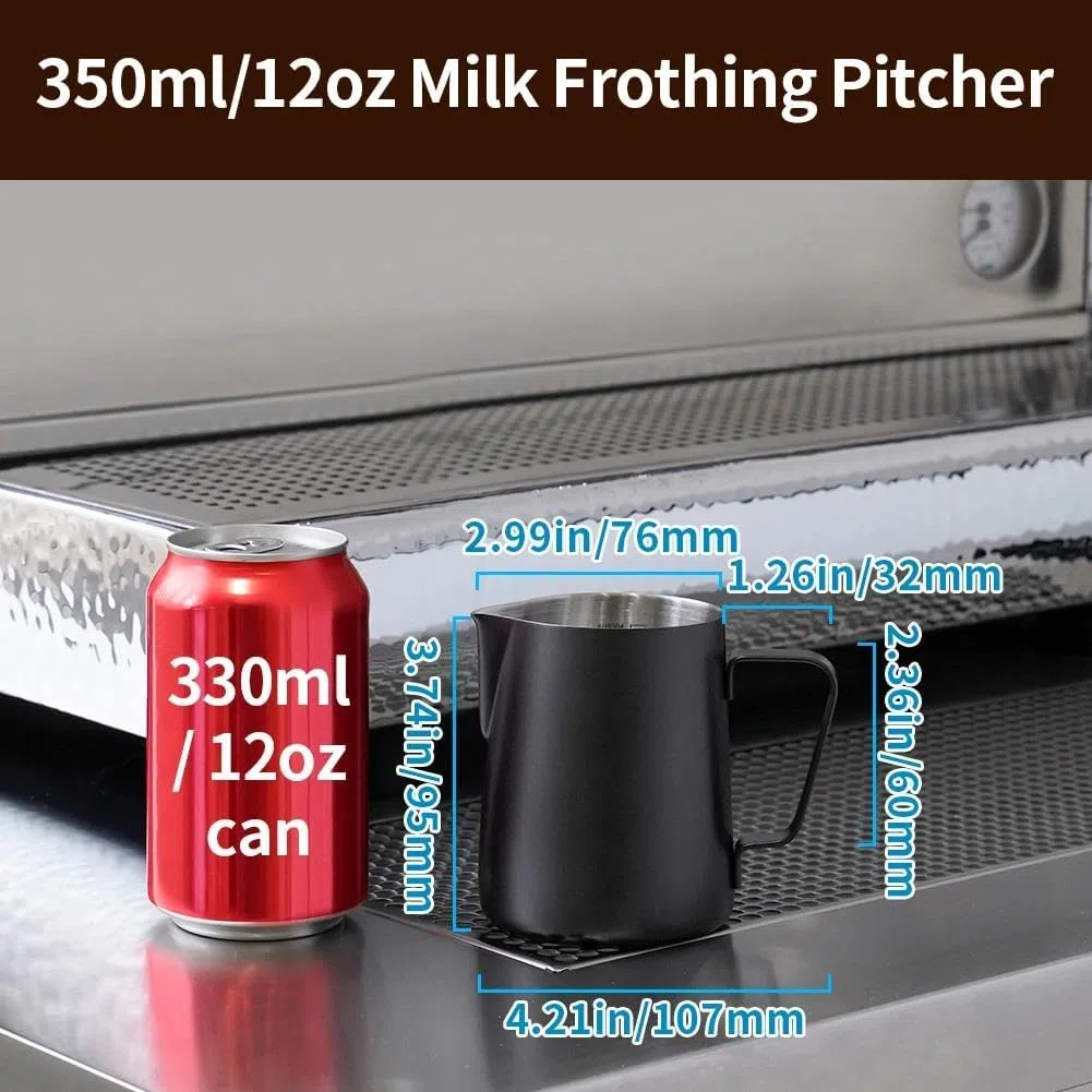 watchget - Jarra de espuma de leche de 350 ml, jarra de acero inoxidable para espumar leche, capuchino, latte, accesorios para máquina de café, jarra de leche, taza espumadora de leche, color negro