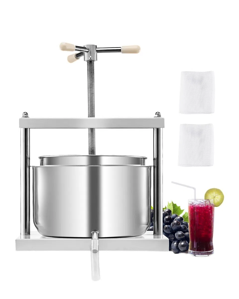 VEVOR - Prensa de vino de frutas, 2.98 gal/11.3 l, cesta de madera maciza con 6 bloques, fabricante de jugos manual, tintura de sidra, manzana, uva, verduras, miel y aceite de oliva con barra de mango