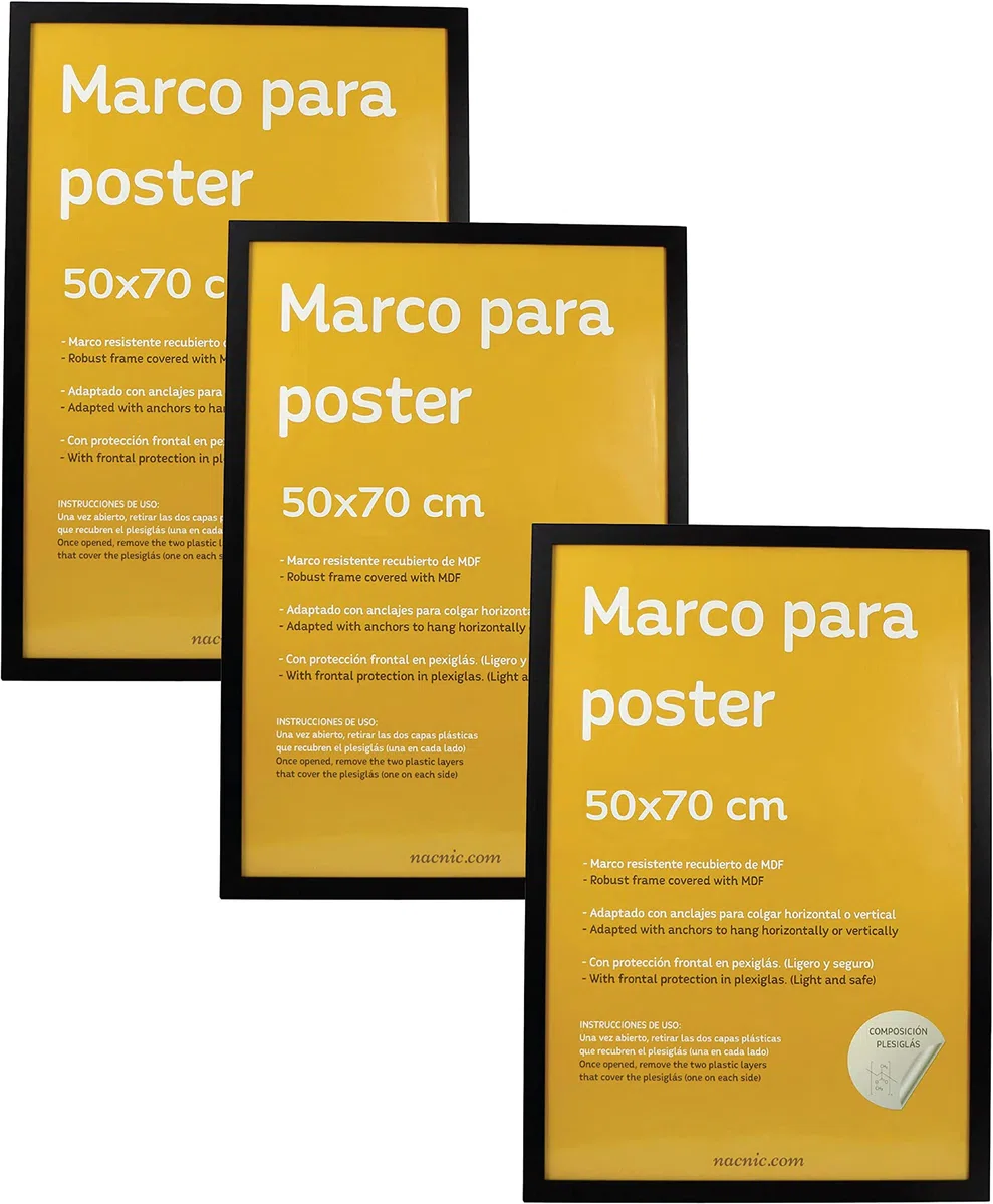 Nacnic - Pack 3 Marcos - Madera Mdf Negro y Vidrio Acrílico - 50x70 Cm Extra Grande - Fotografía, Láminas, Decoración Mural para Salón y Dormitorio