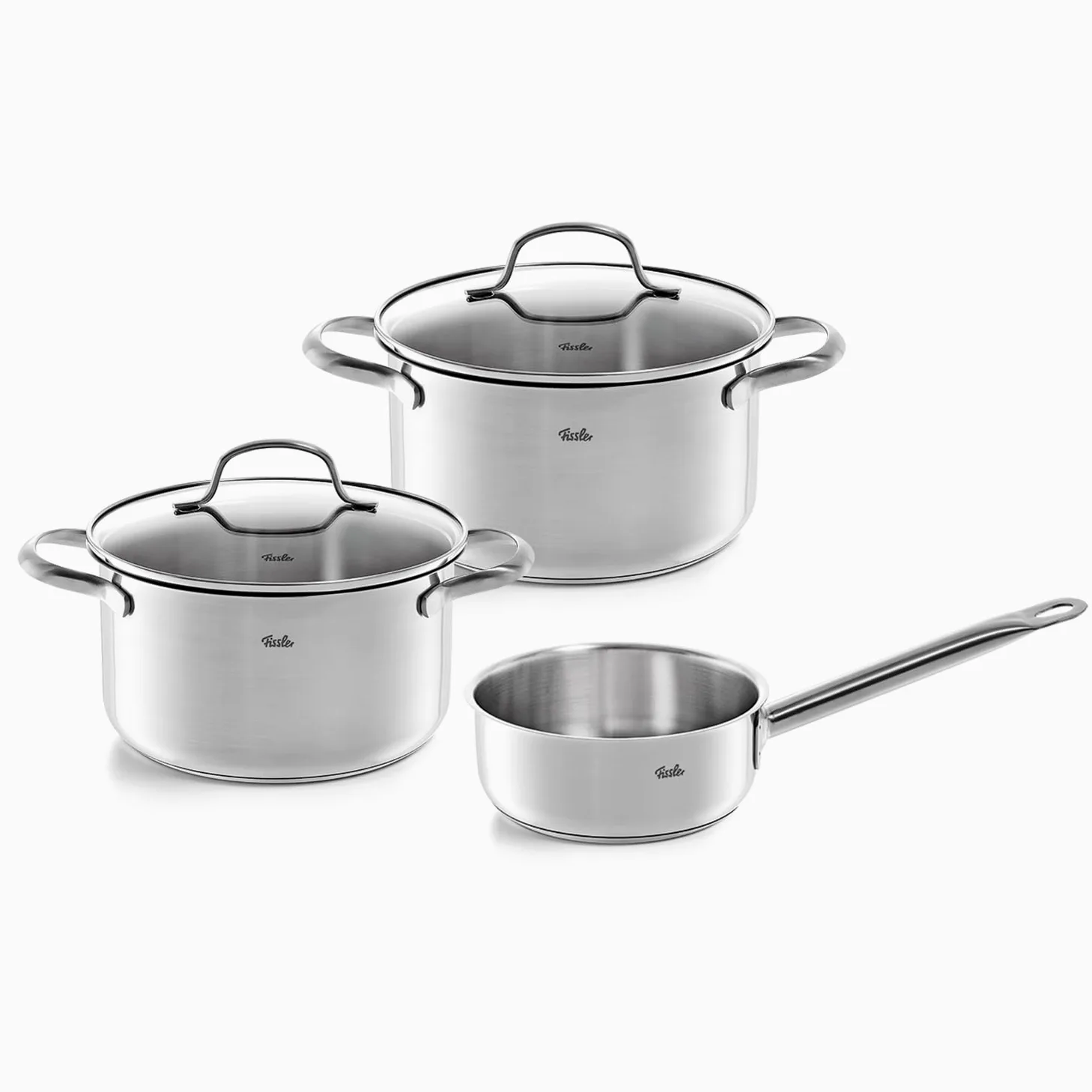 Fissler San Francisco Juego de Ollas de Acero Inoxidable, 3 Piezas, Cacerolas con Tapadera de Vidrio, Inducción (2 Cacerolas, 1 Cazo), Inducción