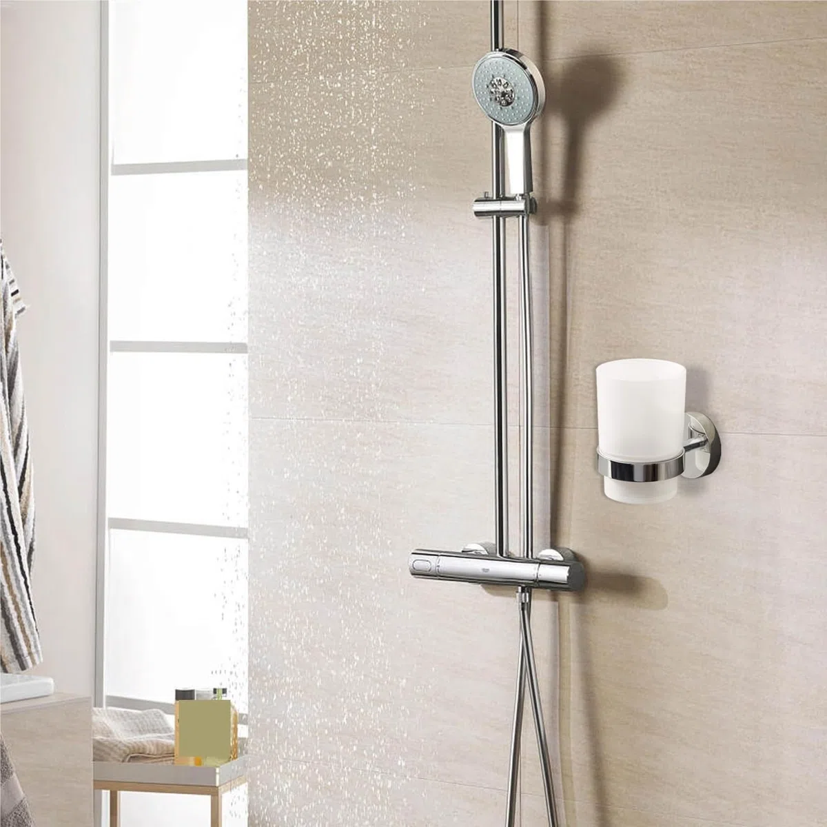 Porta Cepillo Dientes Baño Soporte For Cepillo De Dientes Pared con Vaso Satinado Metal Acero Inoxidable Hogar Y Cocina(Blue,Silver)