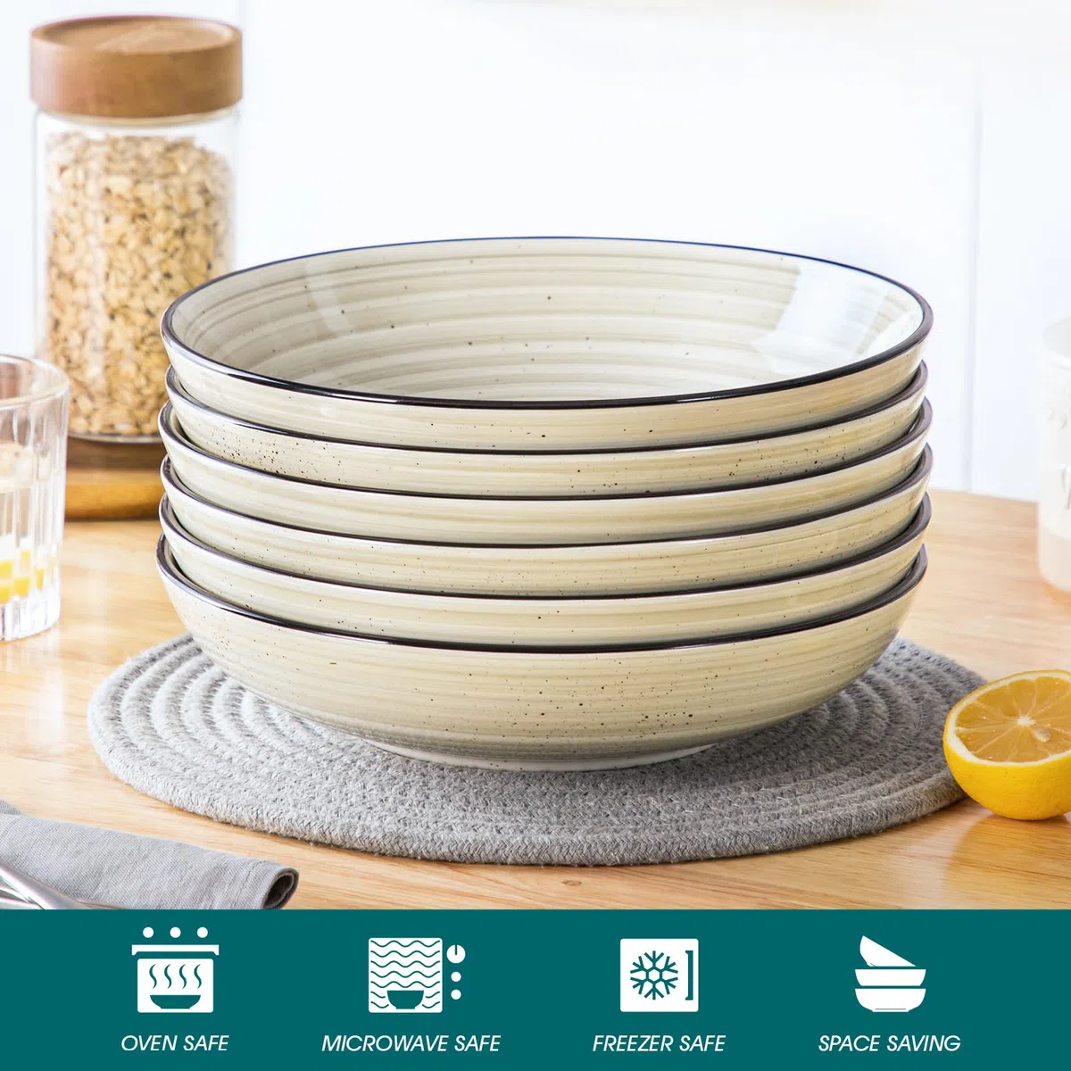 vancasso BONBON Juego de 6 Platos Hondos de Cerámica, 1500 ml Cuencos de Sopa, Platos Sopa, Cuencos Grandes para Pasta, Ramen, Ensalada, apto para Lavavajillas, Microondas y Horno, Vajilla Beige