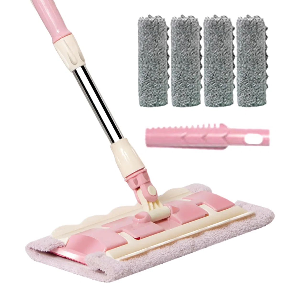 Mopa Plana Mango Telescópico Giratorio 360 Grados Con Raspador De Polvo | Mopa para seco y húmedo con 4 almohadillas lavables Raspador Incluido, Limpiador Para Suelos De Cocina, Baño, Garaje, Pati