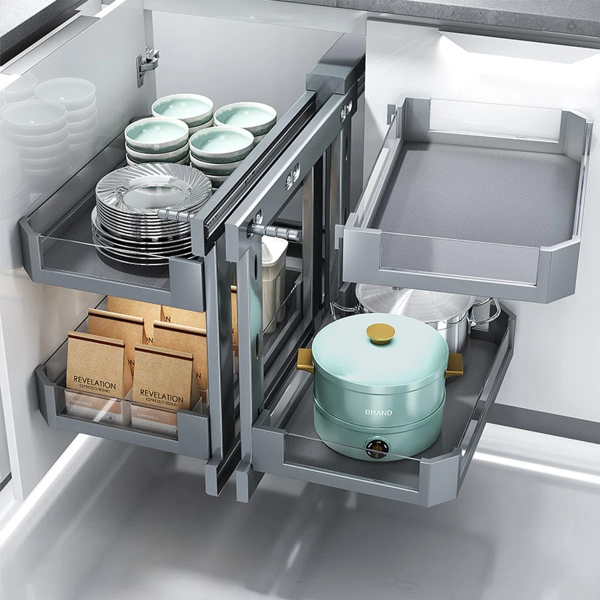 Organizador extraíble para gabinete de esquina ciega de cocina con 4 cestas, organizador de gabinete deslizante, organizador de almacenamiento extensible para gabinete de despensa 900