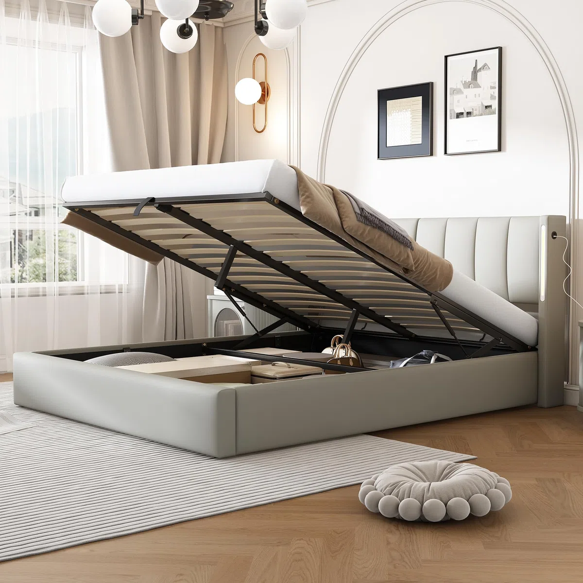 Cama Tapizada de 160x200 cm con Cabecero LED Inclinable y USB, Estructura de Cama Doble con Soporte de Láminas de Madera y Almacenamiento Hidráulica, Somier Metálico, PU, Gris, Sin Colchon