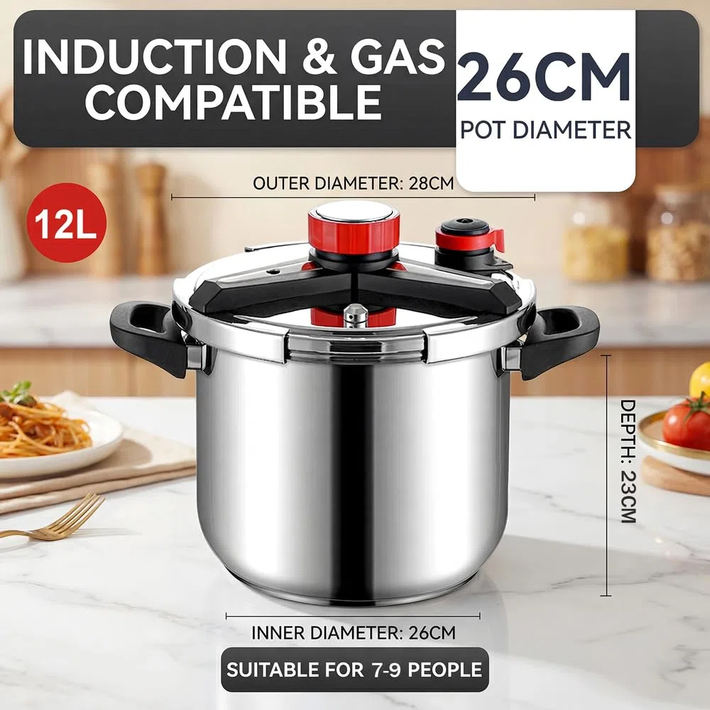 12 Liters Olla a Presión 4 en 1 de Acero Inoxidable 304,Antiexplosión,3 Niveles PSI,Tapa de Vidrio y Vaporera,tapa de olla Conserva con Bloqueo de Una Mano,Compatible con Inducción y Gas