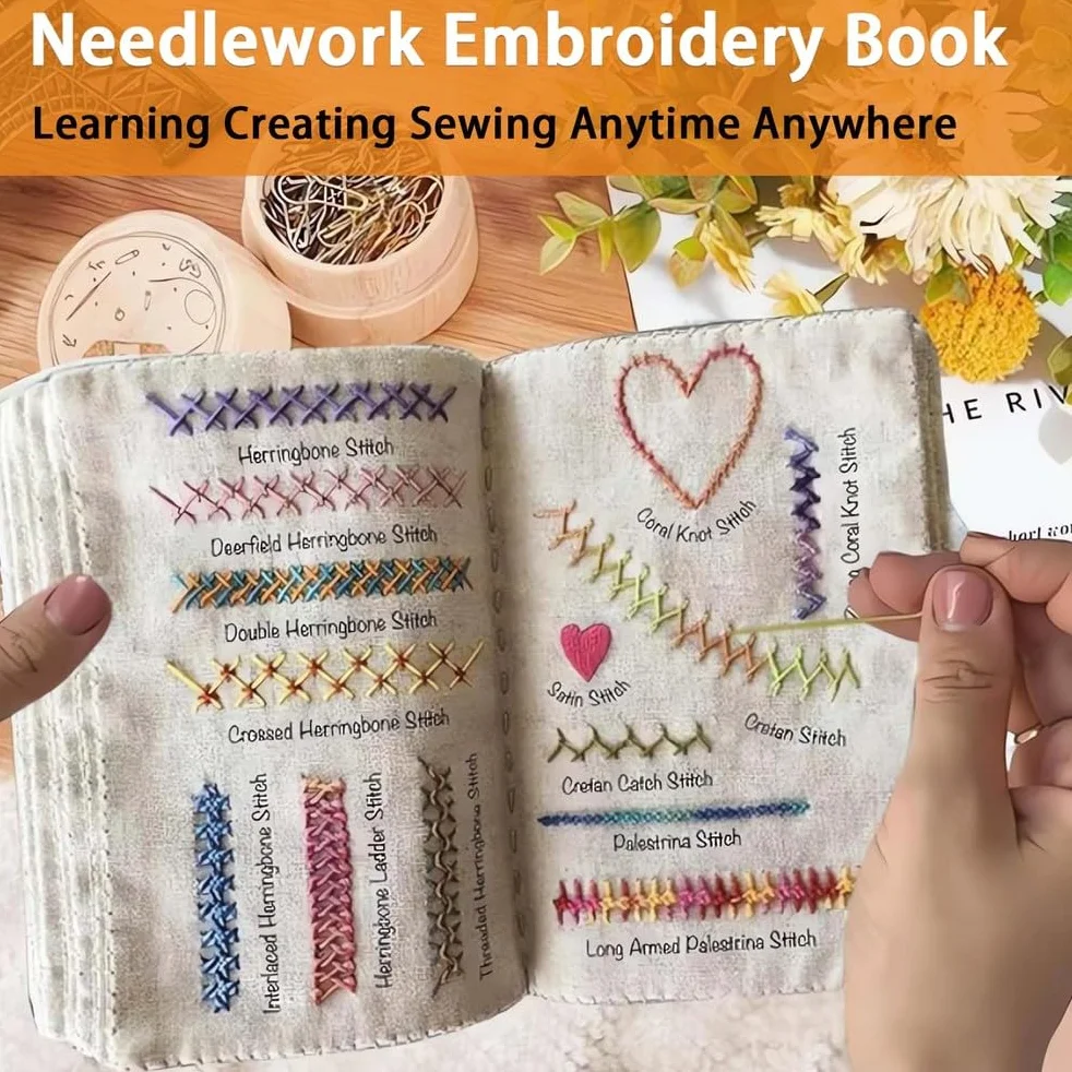 Libro De Bordado para Principiantes, Kit Practica Costura, Kit De Libro De Bordado DIY, Libro De Bordado Y Kit De Costura PortáTil, con Tutorial Y 106 Patrones