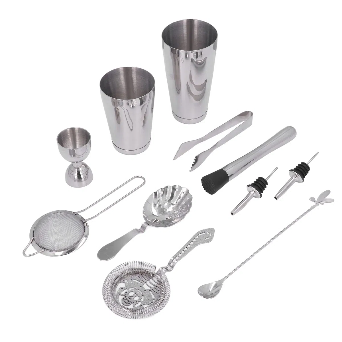Juego de Coctelera de 11 Piezas, Kit Barra Acero Inoxidable con Herramientas Mezcladoras, Coctelera, Martillo Hielo, Colador, Cuchara para Fiesta Coctelería en Casa (Plata)