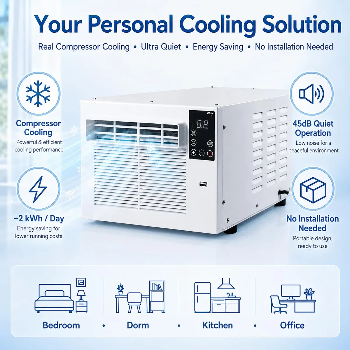 Aire Acondicionado Portátil Ultra Silencioso (45dB) con Compresor, Deshumidificación y Temporizador Programable, Control Remoto, Bajo Consumo, para Tienda de Campaña y Autocaravana