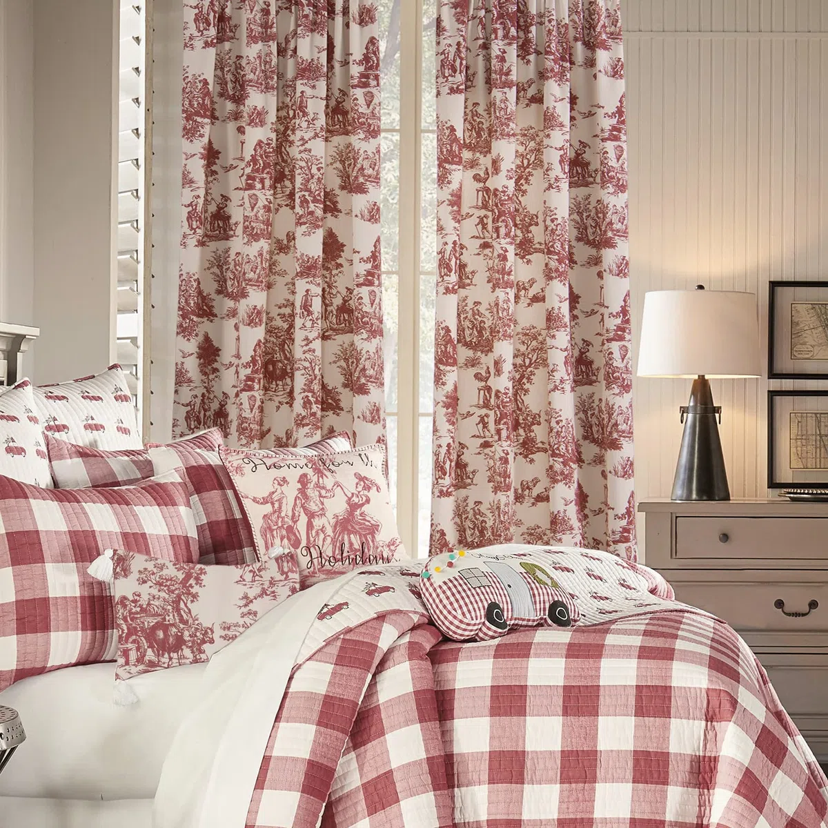 XTMYI Set de 2 Cortinas de 213 cm de Largo, Bonito Estampado campestre en Crema y Blanco, Opacas, diseño Floral campestre navideño, para Ventanas de salón, Comedor o Dormitorio, Burdeos