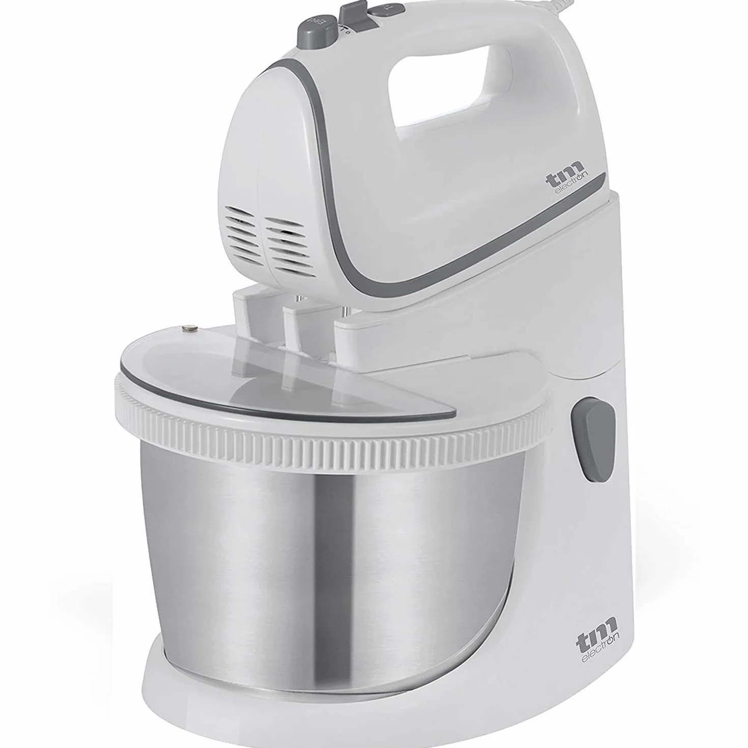 TM Electron TMPBA114 batidora amasadora para repostería de 450 w con bol 2.5l de acero inoxidable, ganchos para amasar, varillas y tapa antisalpicadura transparente