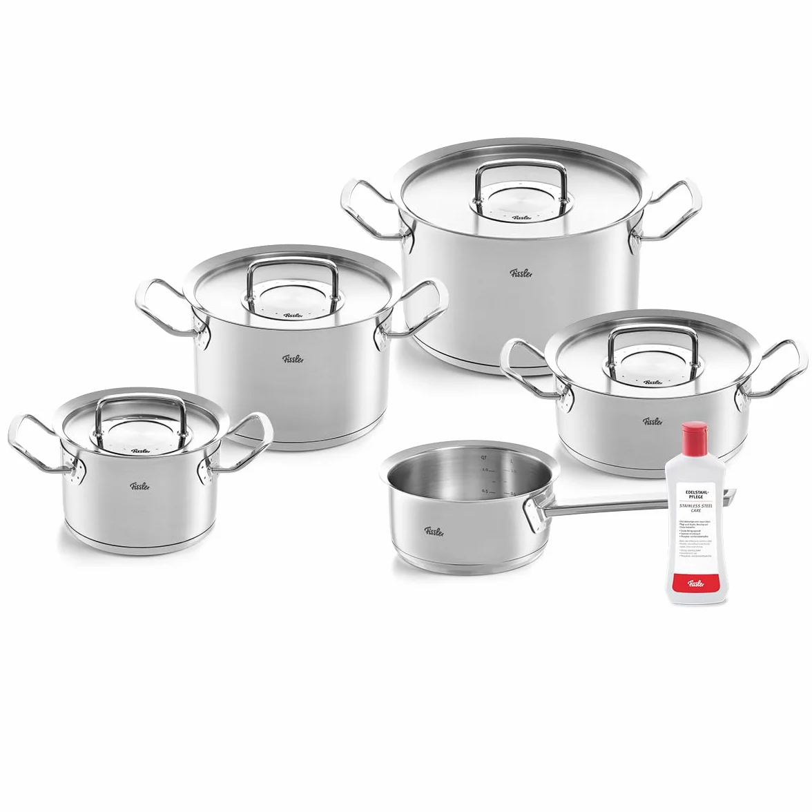 Fissler Juego de 5 cacerolas de acero inoxidable, incluye tapa de metal y cuidado de acero inoxidable, para inducción [Exclusive to Amazon]