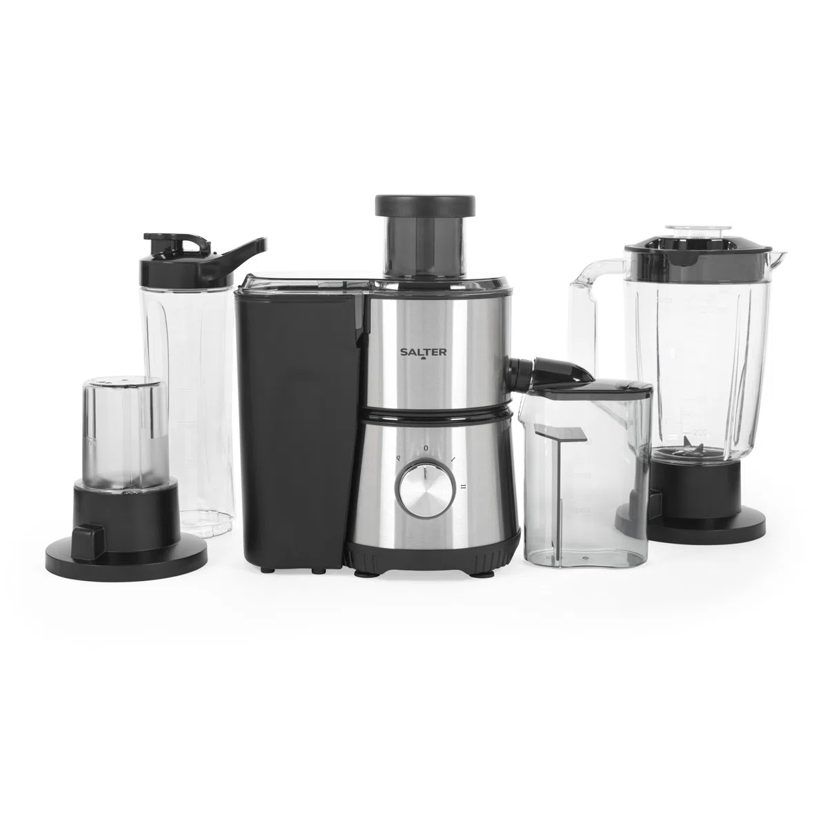 Salter Batidora 4 en 1 con exprimidor, jarra de 1 L | Botella deportiva 600 ml, recipiente zumo 500 ml, depósito pulpa 1,2 L, vaso molinillo 30 g, 2 velocidades + pulse
