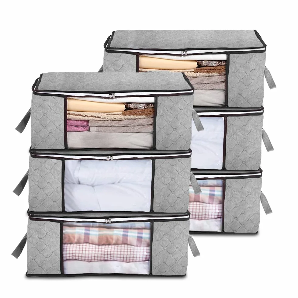 JERIA Paquete de 6 bolsas plegables para almacenamiento de ropa con ventana transparente, asa reforzada y cremallera resistente (gris)