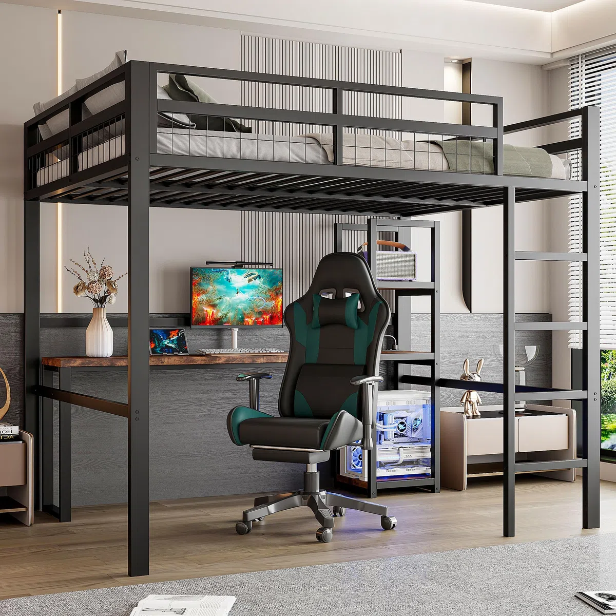 Dolamaní Cama alta para adultos, 140 x 200 cm, marco de cama de metal con enchufe, cama de metal con USB Type-C y varios estantes, capacidad de carga de 150 kg (negro)