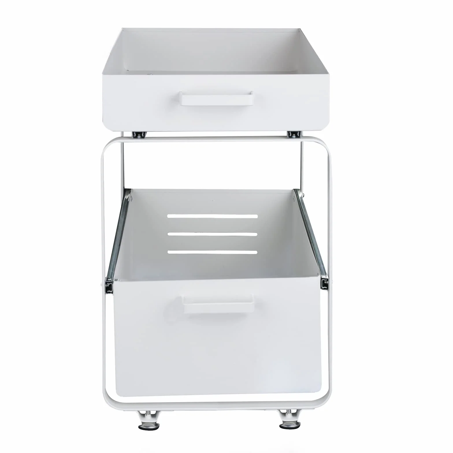 Juego de 2 almacenaje bajo fregadero – Cesta de almacenamiento deslizante de metal – Almacenamiento y organización de cocina baño (blanco 2 unidades, 40 x 25,5 x 39,5 cm)