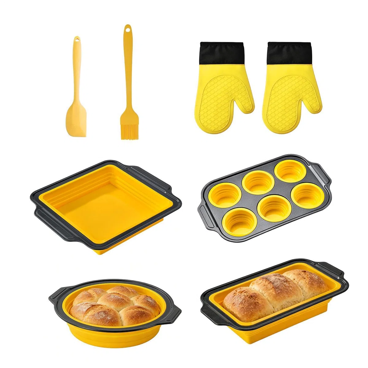 Juego de Moldes de Silicona para Hornear apilable y apto al lavavajillas | con Guante, Rasqueta y Cepillo Set Antiadherente para Hornear Resistente al Lavavajillas, para Magdalenas, Pan, Galletas