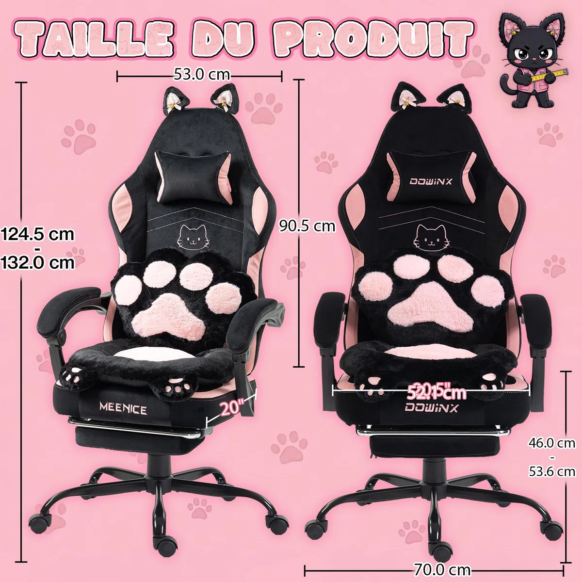 Dowinx Silla Gaming Ergonómica con Reposapiés, Silla Gamer de Terciopelo con Cojín Lumbar y Orejas de Gato, Silla de Oficina para PC y Escritorio, para Mujeres, Adultos y Adolescentes,Negro y Rosa
