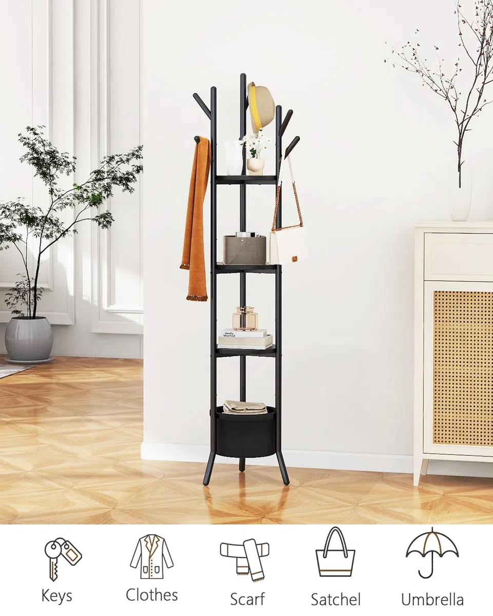 YMYNY Perchero de Entrada, Perchero de Pie para Recibidor con 1 Cesta de Tela, Estantería de Almacenamiento para Salón Dormitorio Pasillo Estilo Industrial, para Bufanda Bolsos Negro HGR005B