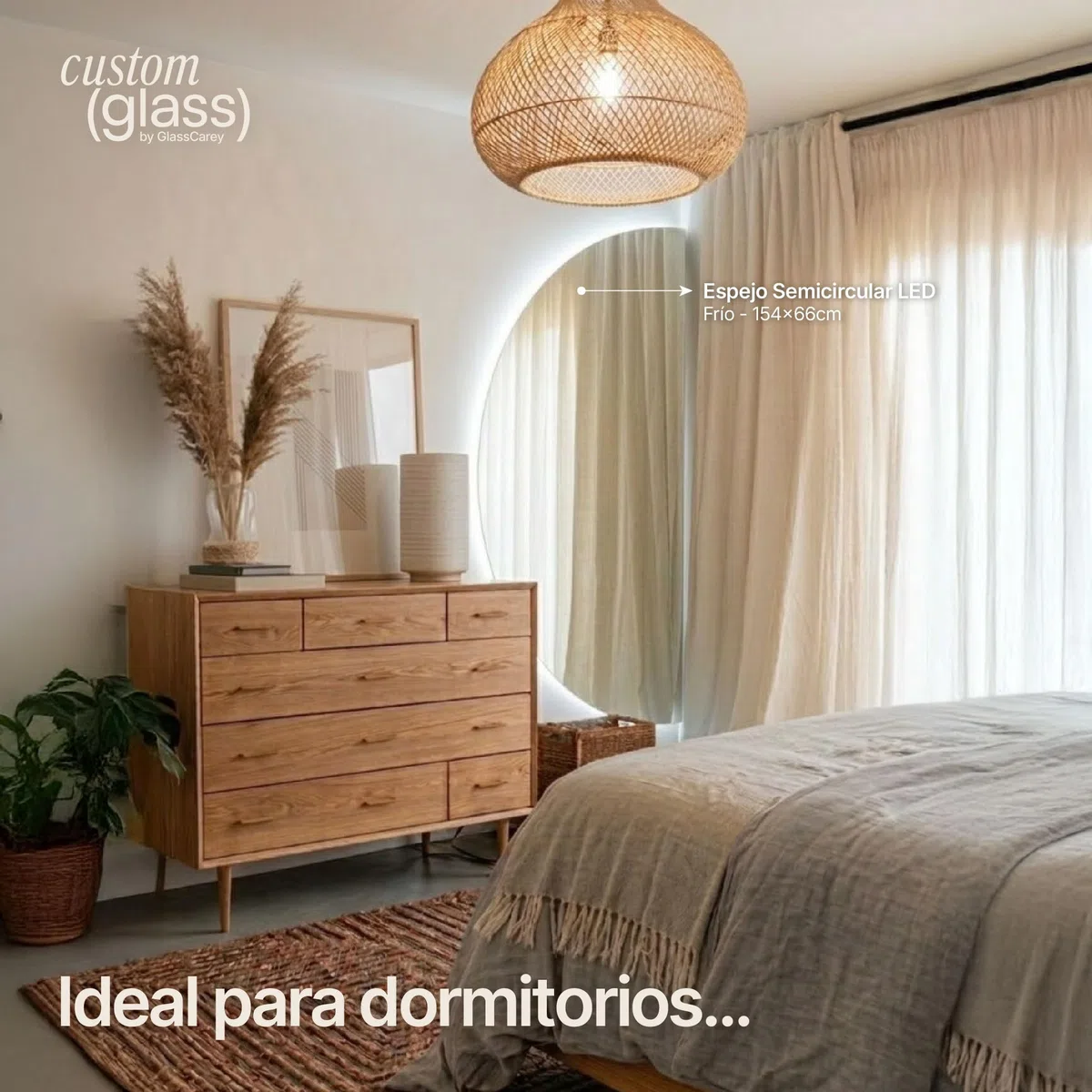 CustomGlass Espejo Semicircular Led 154X66 cm de Pared Diseño Media Luna con Iluminación Decoreativa Varias Madidas Ideal para Recibidor Dormitorio Salón o Baño (Semicircular 154X66 cm)