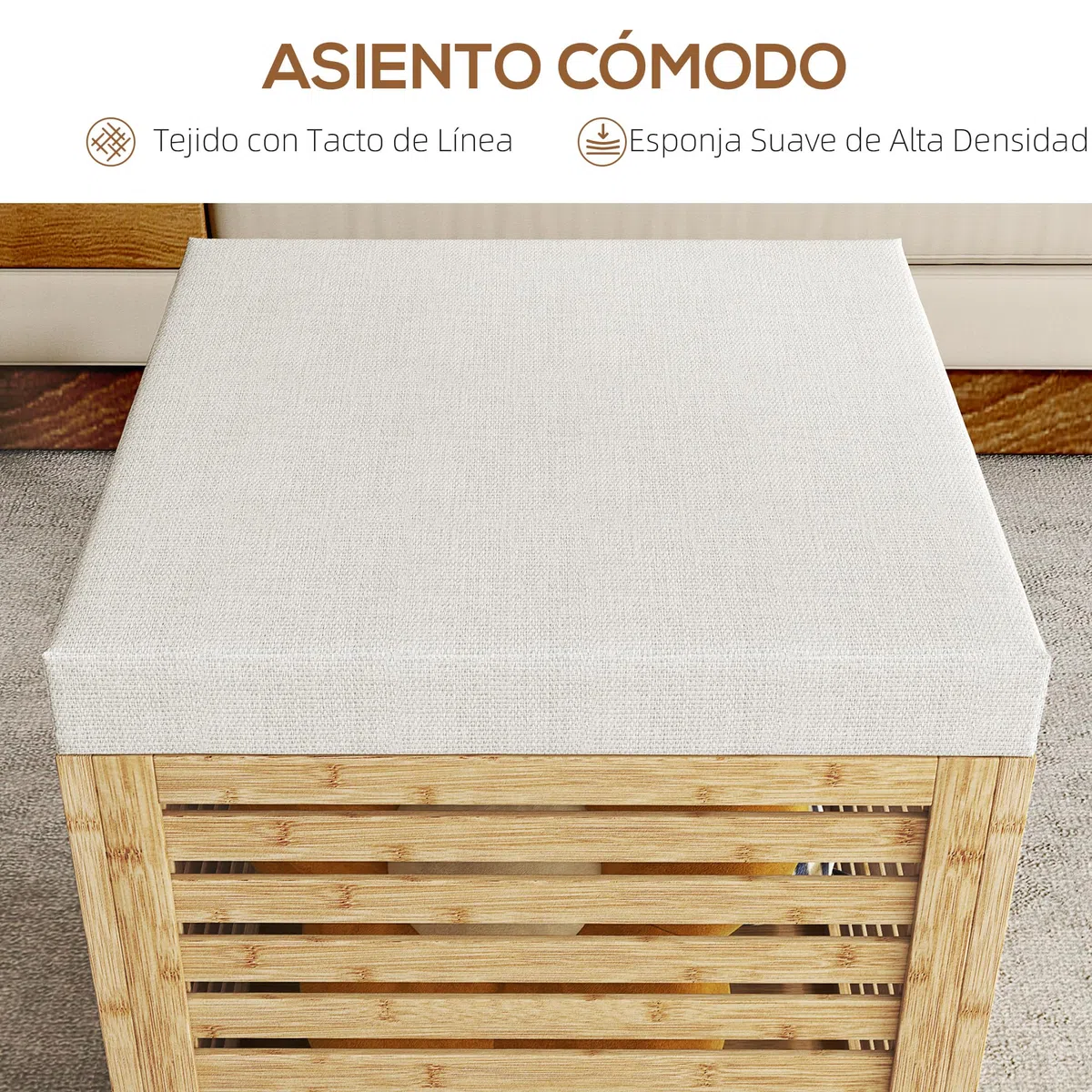 HOMCOM Baúl de Almacenaje para Dormitorio 54,7L Taburete de Almacenaje Tapizado en Lino Sintético con Cojín Marco de Bambú para Entrada Salón 40x40x47 cm Gris y Natural