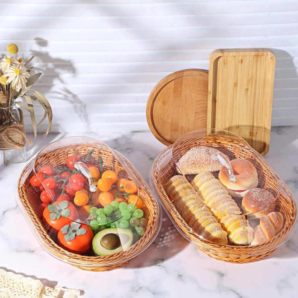 Hushee Juego de 2 cestas de pan de ratán de imitación con tapa, cestas de pan de mimbre para servir cesta de frutas tejida con cubierta, cestas ovaladas para alimentos para verduras, restaurantes
