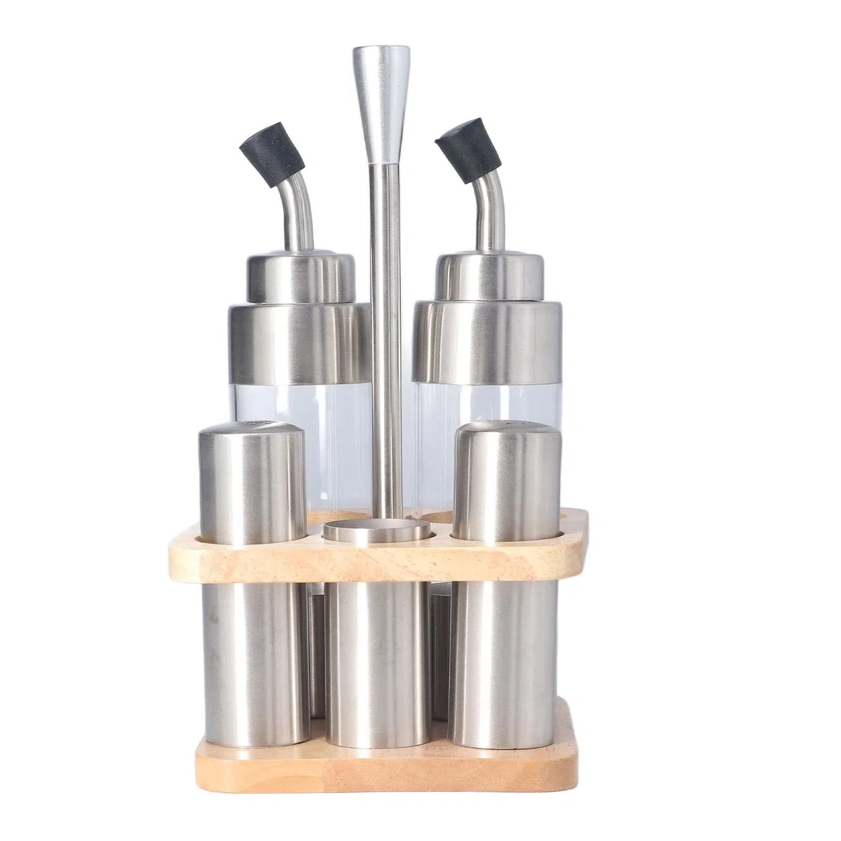 Set Dosificador de Aceite Y Vinagre, Juego de Vinagrera de Acero Inoxidable Y Vidrio de 6 Piezas que Incluye Botella de Vinagrera de Aceite, Salero Y Pimentero Y Estante de Madera para Cocina, Mesa