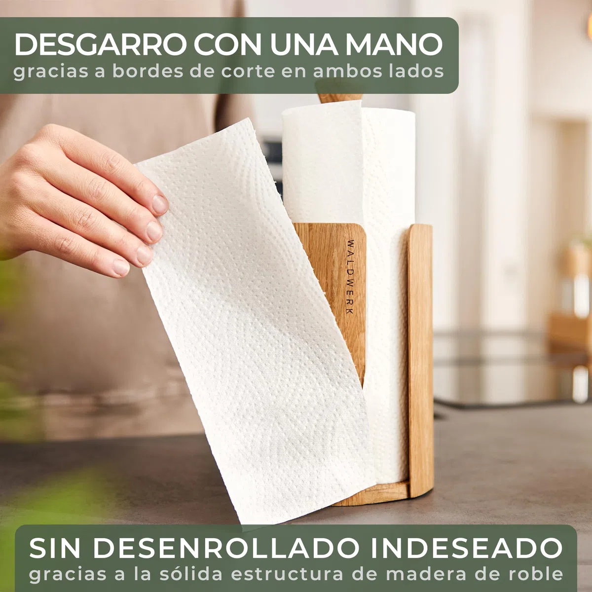WALDWERK Portarrollos Papel Cocina Diseño – Porta Rollos de Papel Cocina de auténtica Madera de Roble para Todos los Rollos de Cocina estándar – Soporte Papel Cocina sin plástico