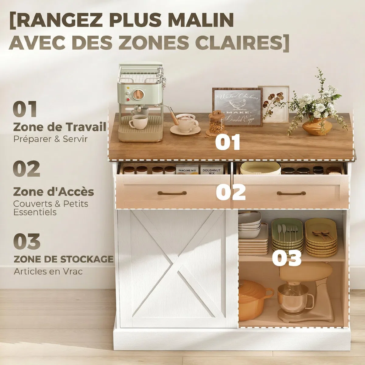 HOMCOM Isla Central Cocina, Aparador Cocina, Mueble de Almacenamiento con 2 Cajones, 2 Puertas Corredizas y Estante Ajustable, Estilo Rústico, 106,4 x 57 x 92 cm, Blanco y Marrón