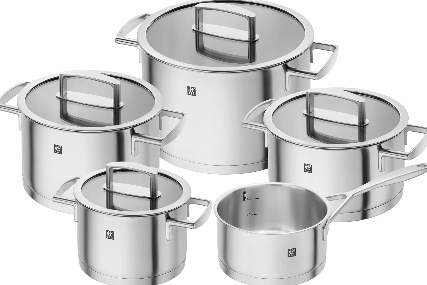ZWILLING Vitality batería de cocina, 5 piezas con tapa de vidrio, apta para inducción, sin revestimiento, acero inoxidable, plata