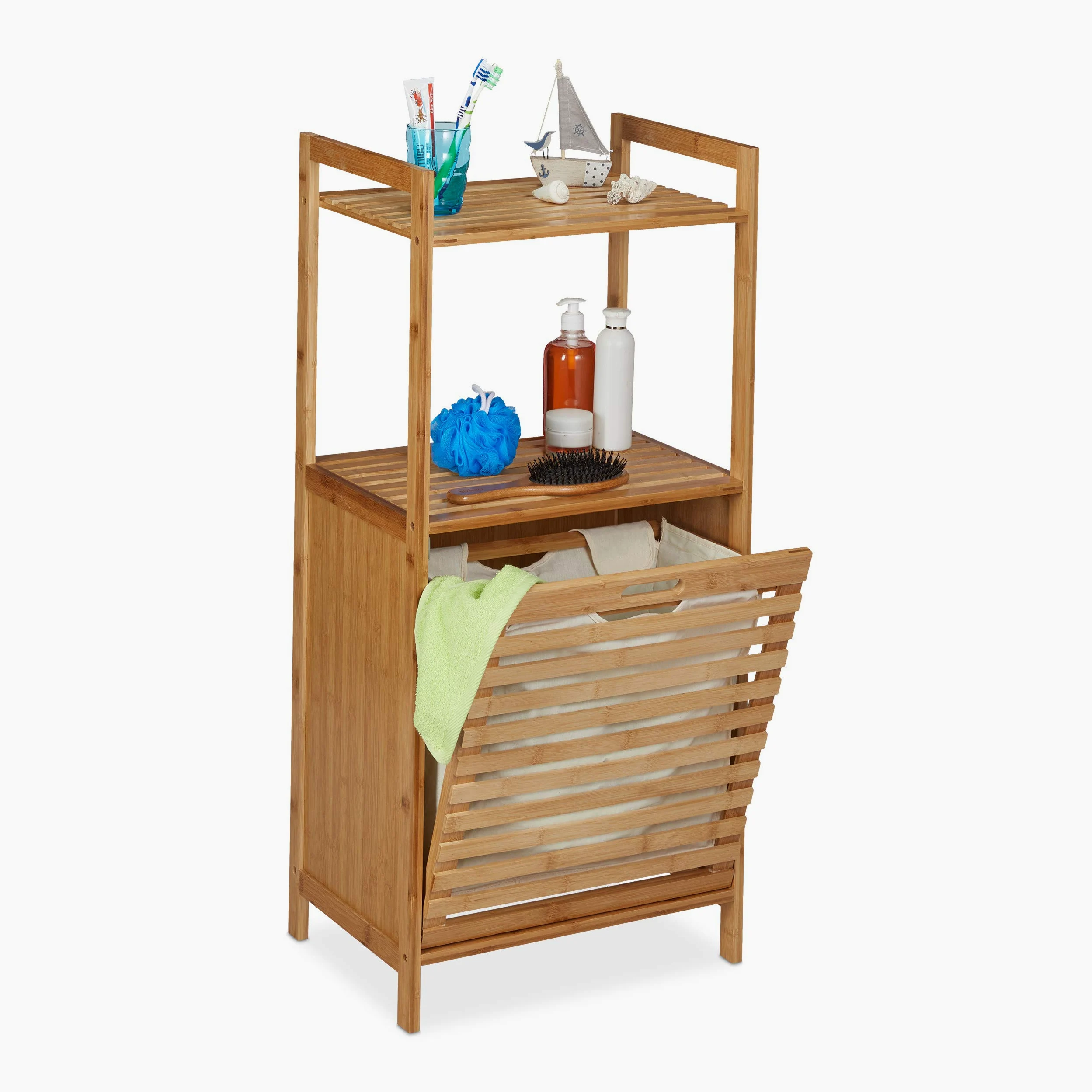 Relaxdays Estantería Cesto Ropa Sucia Bambú, Armario Colada 2 Baldas, Cesta Lavandería, 100 x 45,5 x 33,5 cm, Natural