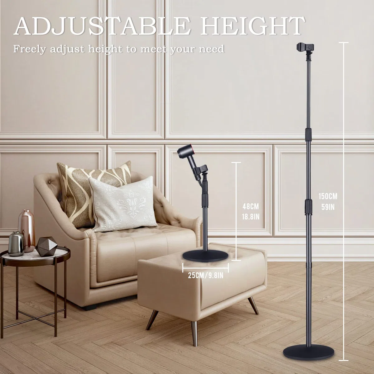 Soporte para secador de pelo manos libres, TAYUQEE Soporte para soplador ajustable de 59 pulgadas de altura, resistente soporte giratorio de 180 grados para mujeres y mascotas
