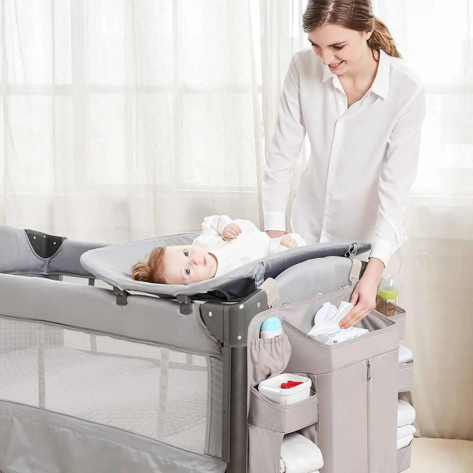 Organizadores colgantes para cuna de bebé, 6 compartimentos, bolsillo grande con cremallera, tela resistente, solución de almacenamiento ajustable para cuna