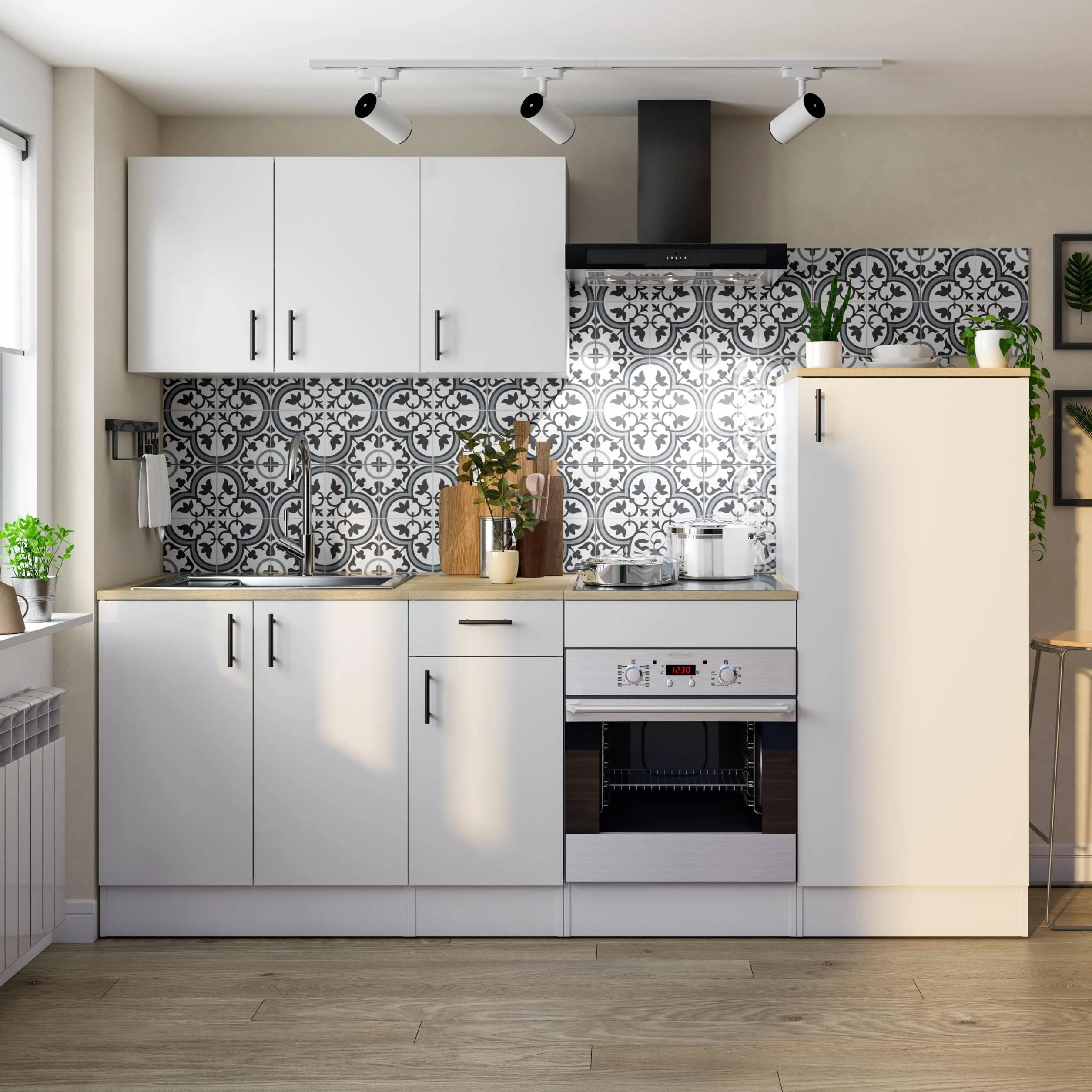 Mobelcenter, Mueble Bajo de Cocina para Horno y Placa de Cocina, Acabado Color Blanco Brillo y Roble Canadian, Medidas: Ancho: 60 cm x Fondo: 60 cm x Alto: 90 cm (1533)