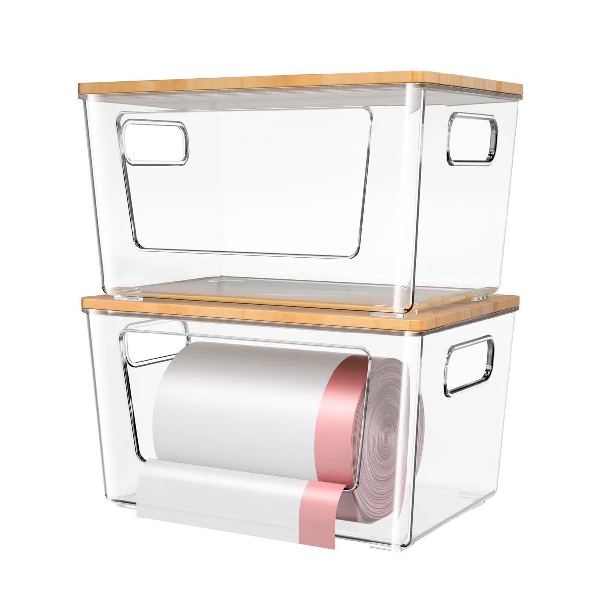spospo Paquete de 2 soportes para bolsas de basura con tapa de bambú, dispensador de bolsas de basura apilables | Soporte extra grande para bolsas de basura para cocina, lavandería, organización y almacenamiento debajo del fregadero