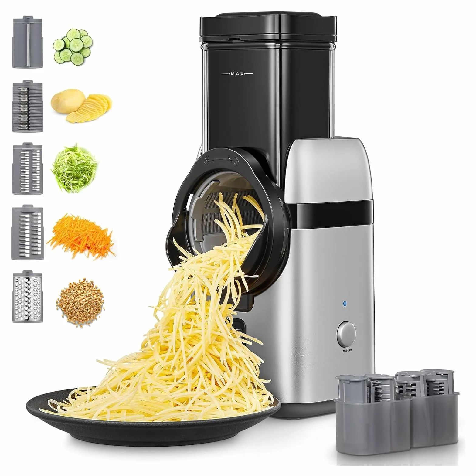FOHERE Cortador de Verduras Eléctrico Rallador Multifunción para Frutas | 5 en 1 con Motor 80W, varias Cuchillas Intercambiables y Caja de Almacenamiento. Procesa Patatas Enteras
