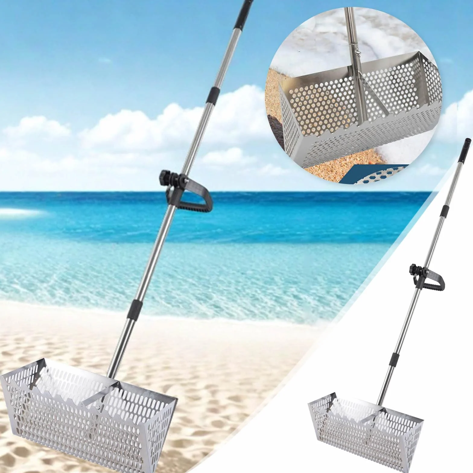 Rastrillo de arena de playa de acero inoxidable con mango de 141 cm de largo y malla de 40 x 18 cm, tamiz de arena plegable portátil para viajes, herramienta de playa desmontable para un uso fácil