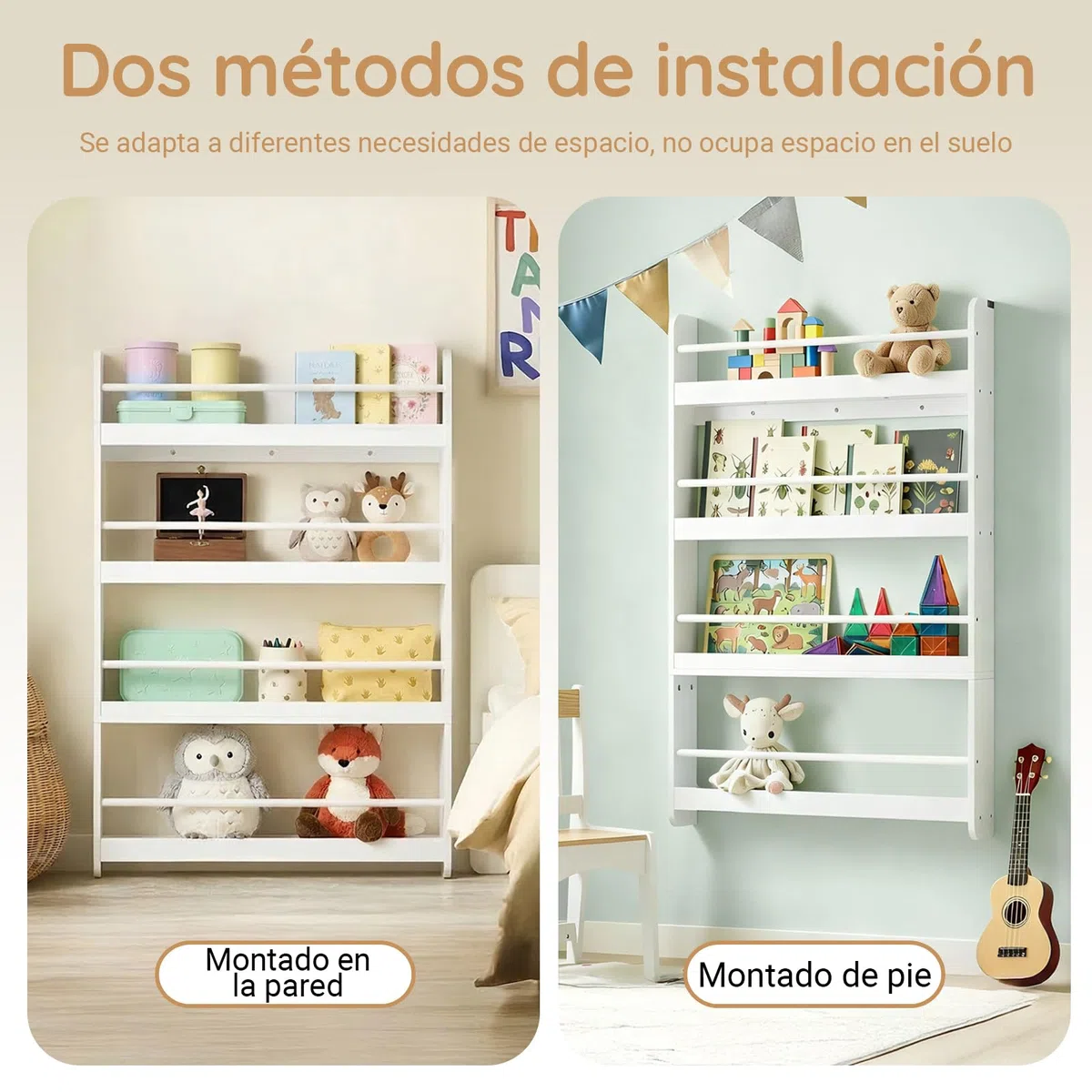 SoBuy Libreria Infantil Montessori Estanteria Libros Infantil de Pared con 4 Niveles Biblioteca para Niño Estanteria Habitacion Organizador Juguetes Blanco 80x12x118cm KMB08-II-W