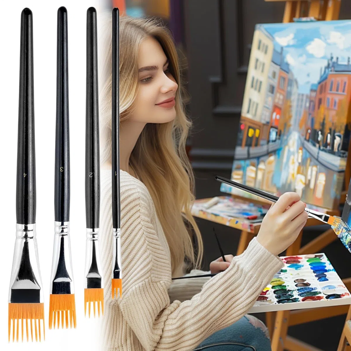 Pinceles De Pintura para Artistas, Ergonómico 4 Piezas Herramientas Pluma | Pinceles para | para Colorear en Clase Y Dibujo De Adultos