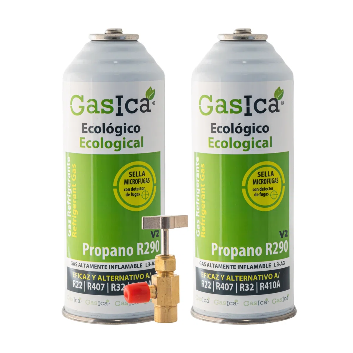 2x Envases GASICA V2 | 452g Neto Total | Gas Refrigerante Ecológico Alternativo R22, R407C y R410A | Incluye Válvula de Servicio (Para Ambos Botes) | Sustituto Rápido A/C