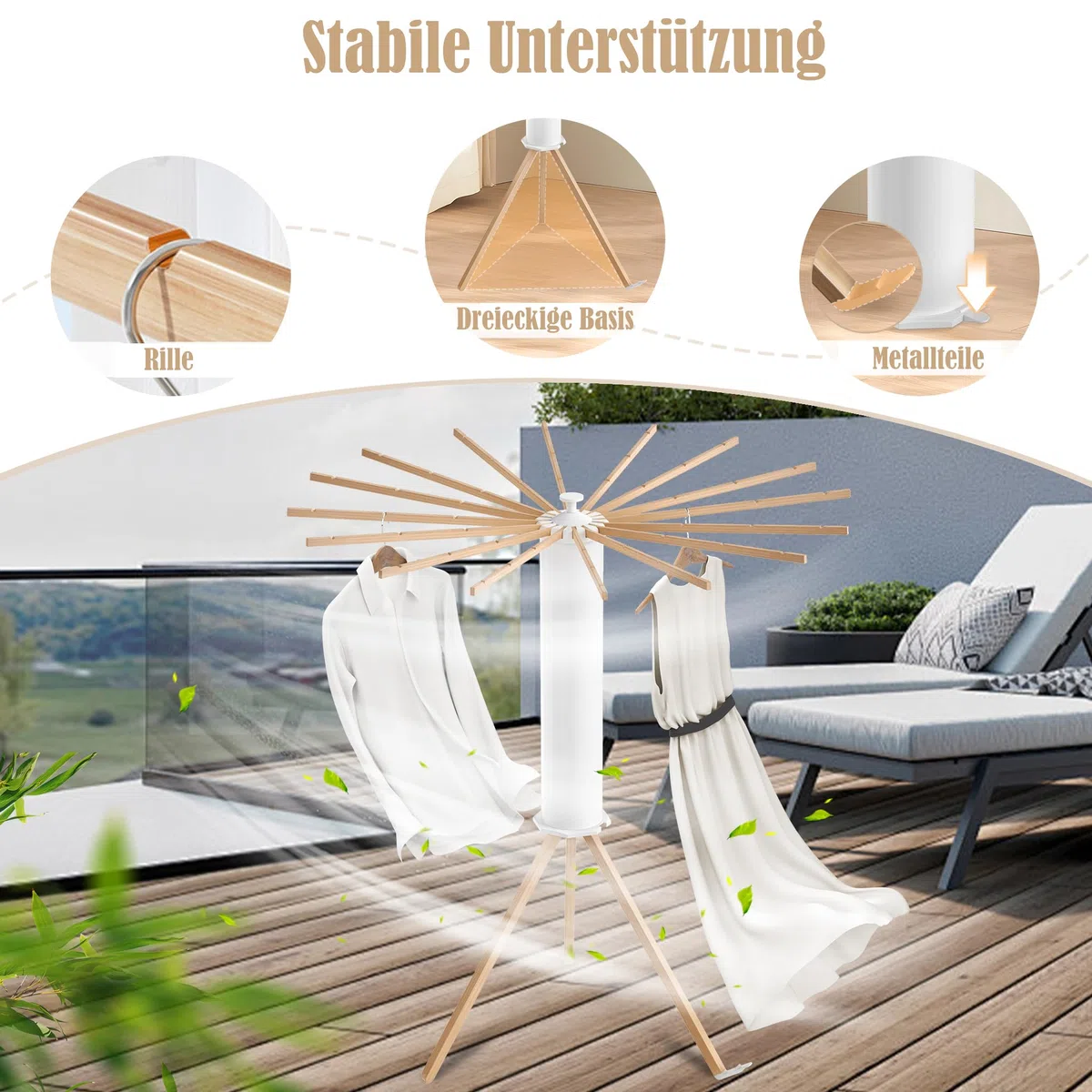 FIVMEN Tendedero plegable - Ahorra espacio, portátil con trípode y 16 barras para secar la ropa - Ventilador de ropa de gran capacidad para balcón, lavandería, baño, madera